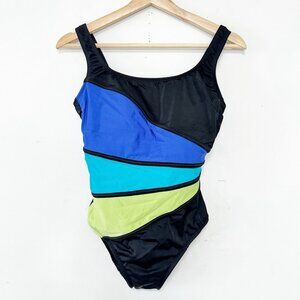 Longitude One Piece Swimsuit Black Retro Neon Stripe Slimming‎ Bathing Suit 10